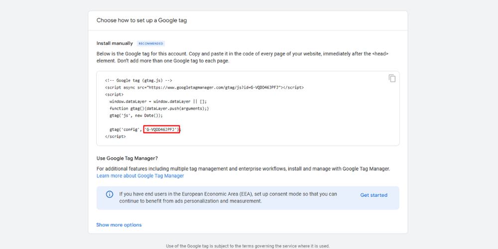 The Google Analytics ID is the red-circled section on the screen
