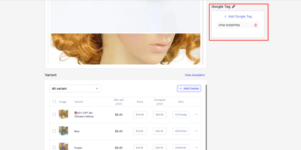 A successful setup displays the ID in the Google Tag field.