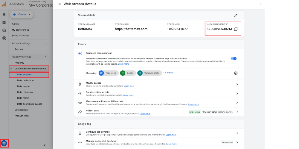 Retrieve the measurement ID from Google Analytics