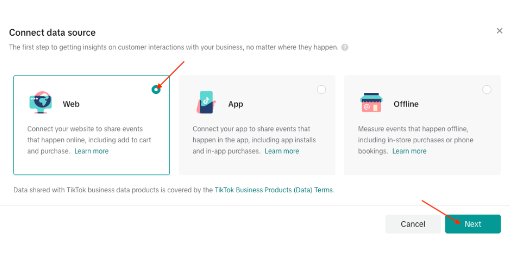 Select “Web” to proceed with creating a new TikTok Pixel.