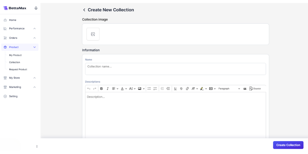 Main dialog box for creating a new collection