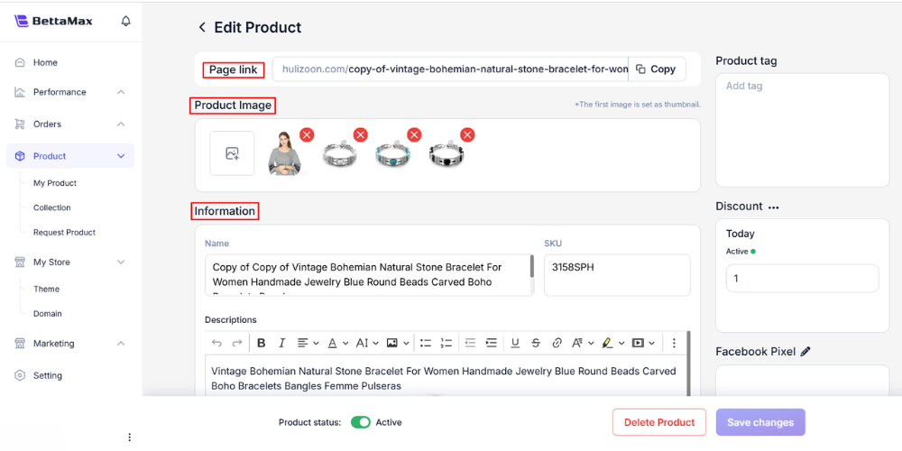 Key functions on the product description page