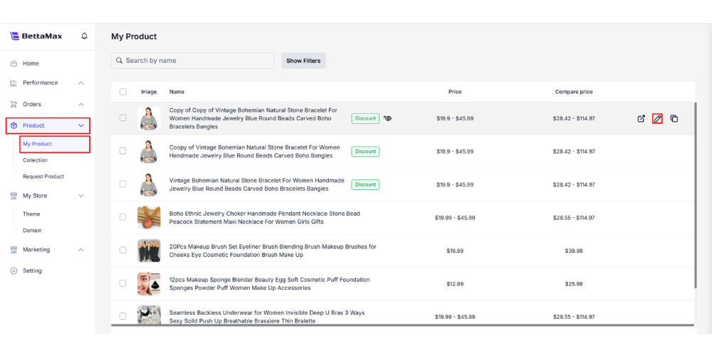 Follow the image guide to begin editing products