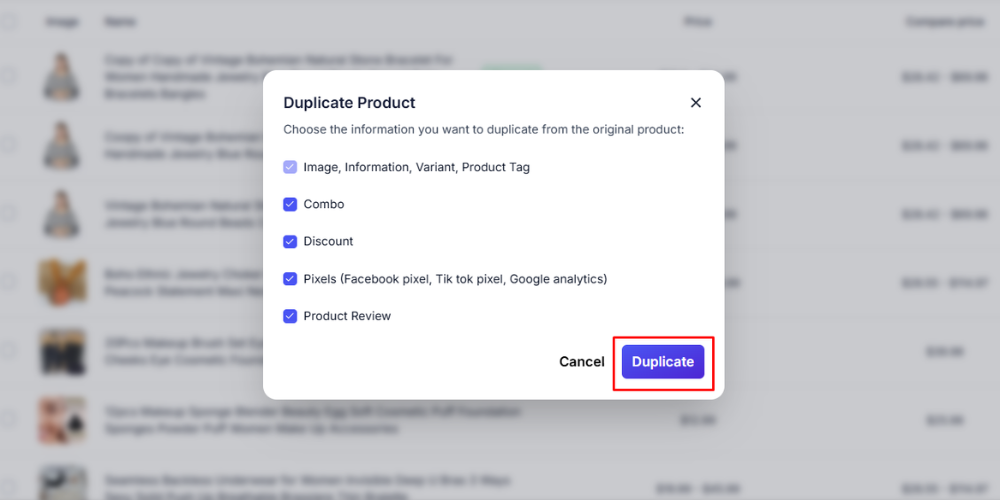 Click Duplicate in the Duplicate Product dialog.