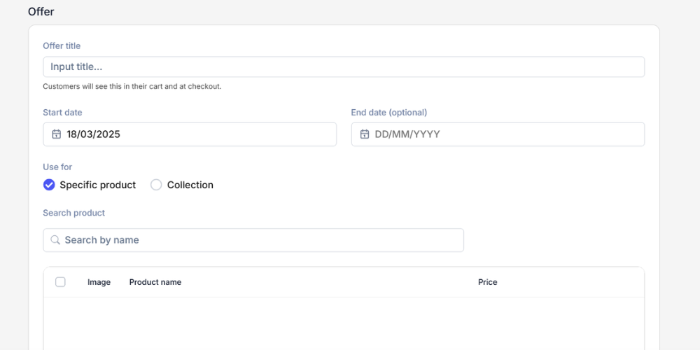 Sellers enter the required offer details