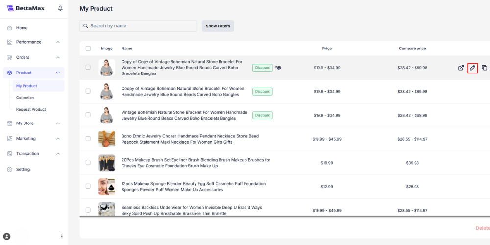 Click the pencil icon to view product metrics