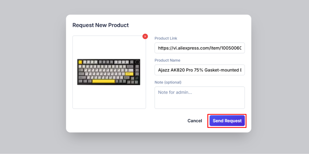 Click Send Request to finalize the quote request