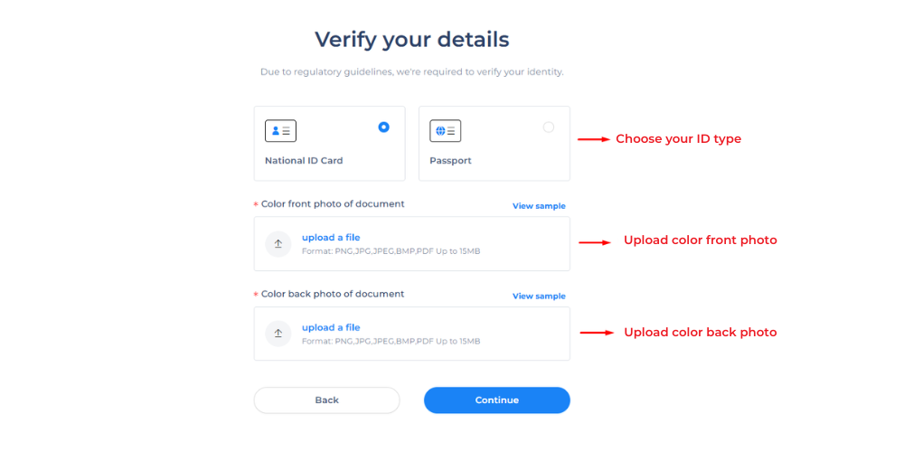 Choose an ID type to verify your identity.