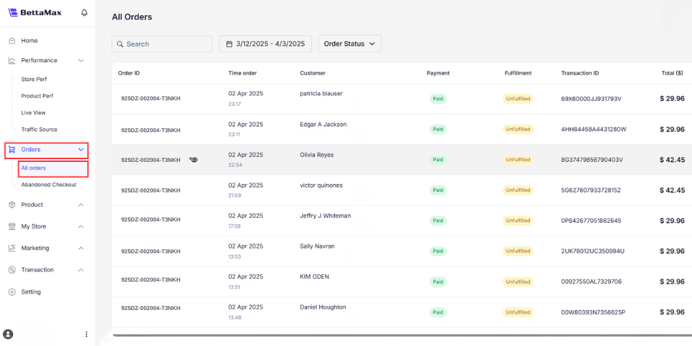 Access All Orders to view per-order profit