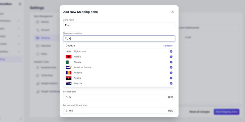 Users select regions and set shipping fees