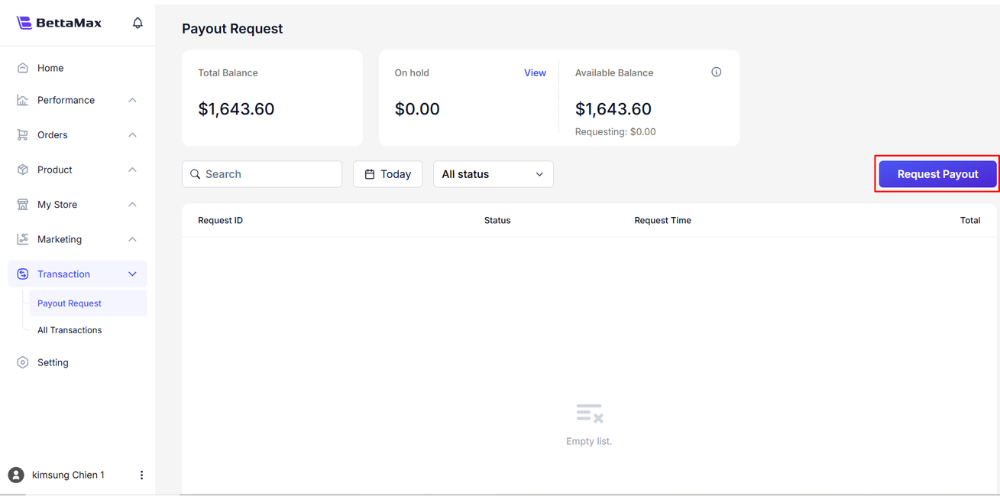 Users click the Request Payout button