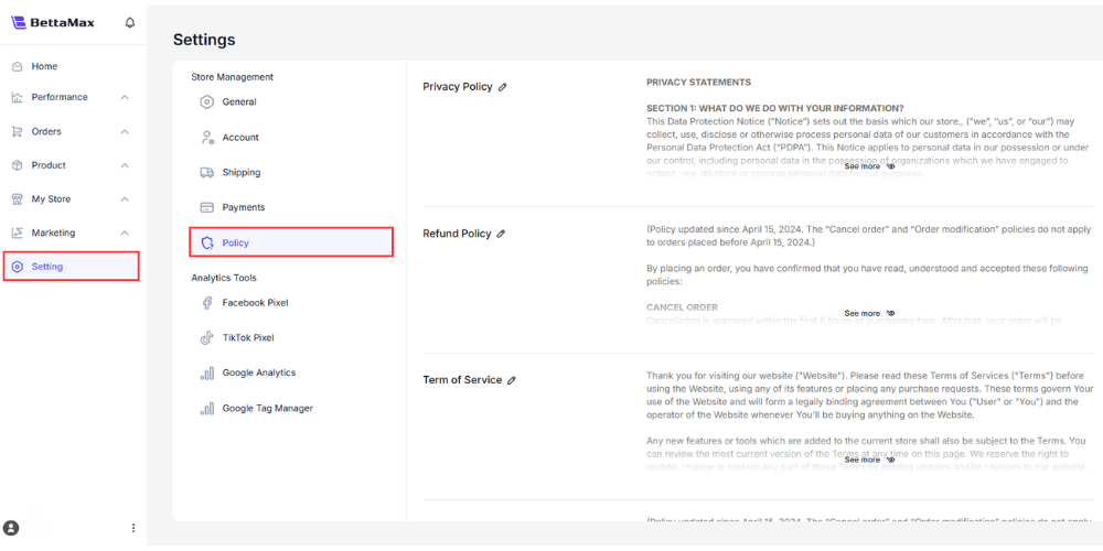 Guide to setting store policies on BettaMax