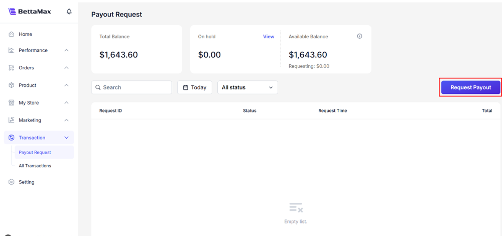 Người dùng nhấn chọn nút Request Payout