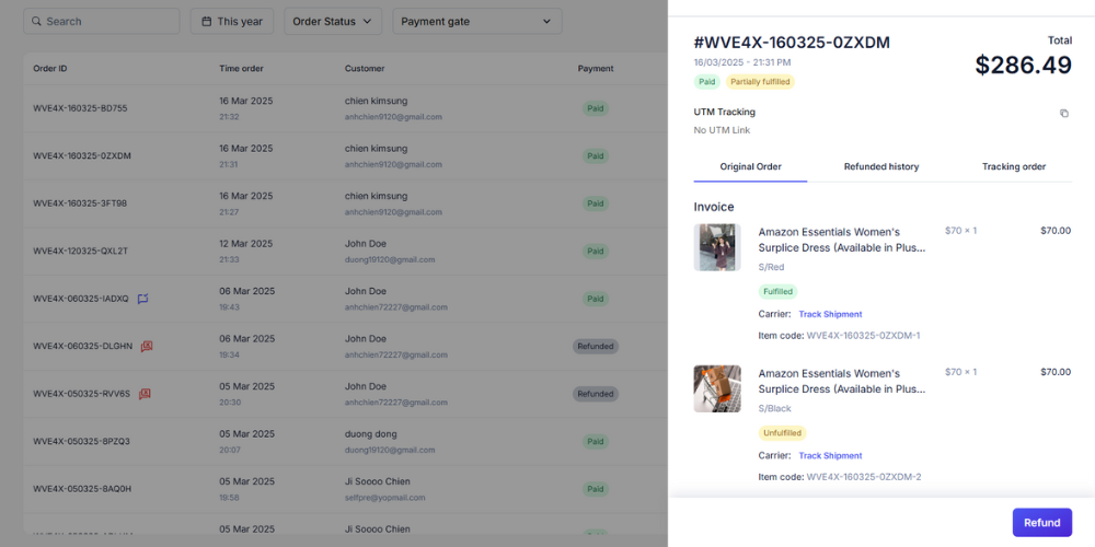 Click the Eye icon to view detailed order info