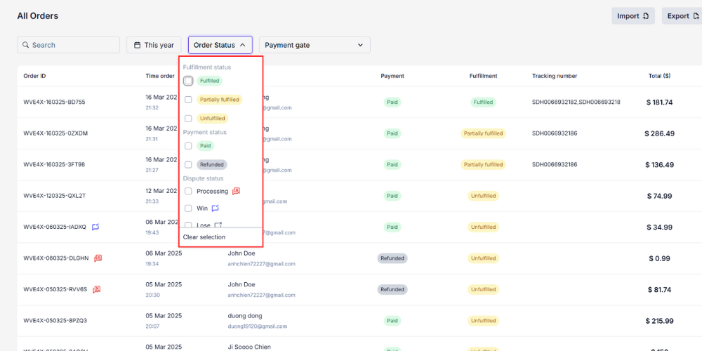 The system offers status metrics for easy order tracking