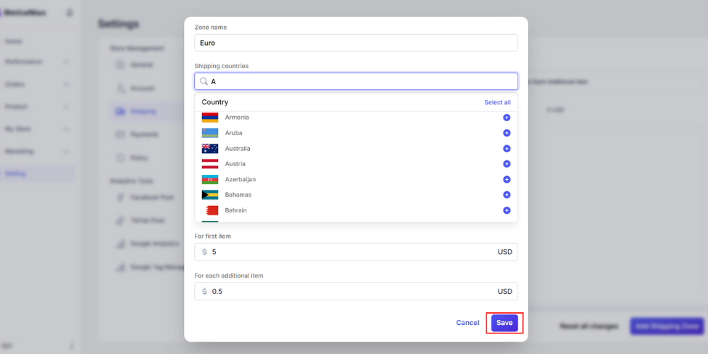 Hit Save to finalize shipping setup