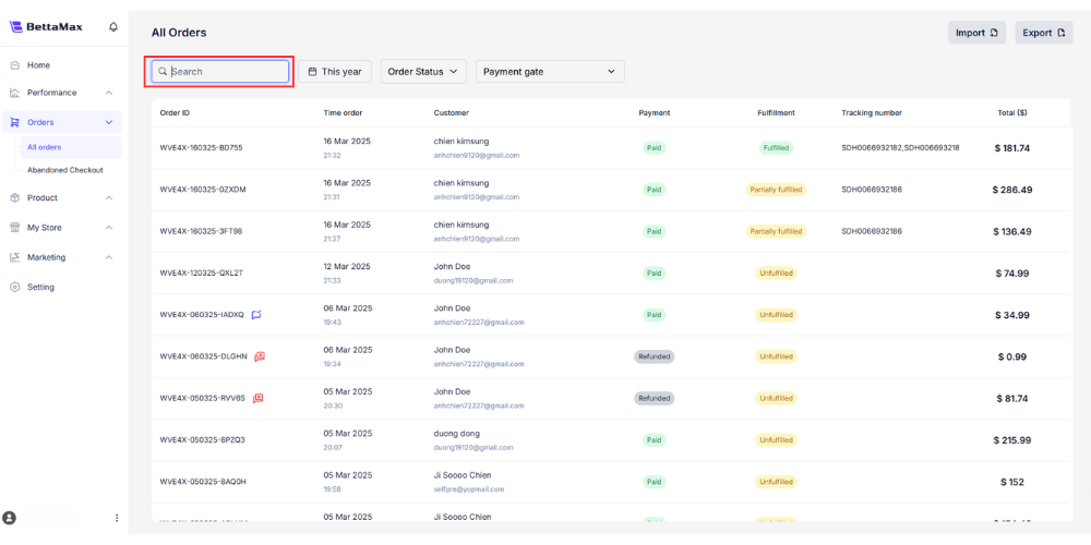 Users should search by order ID for the most precise results