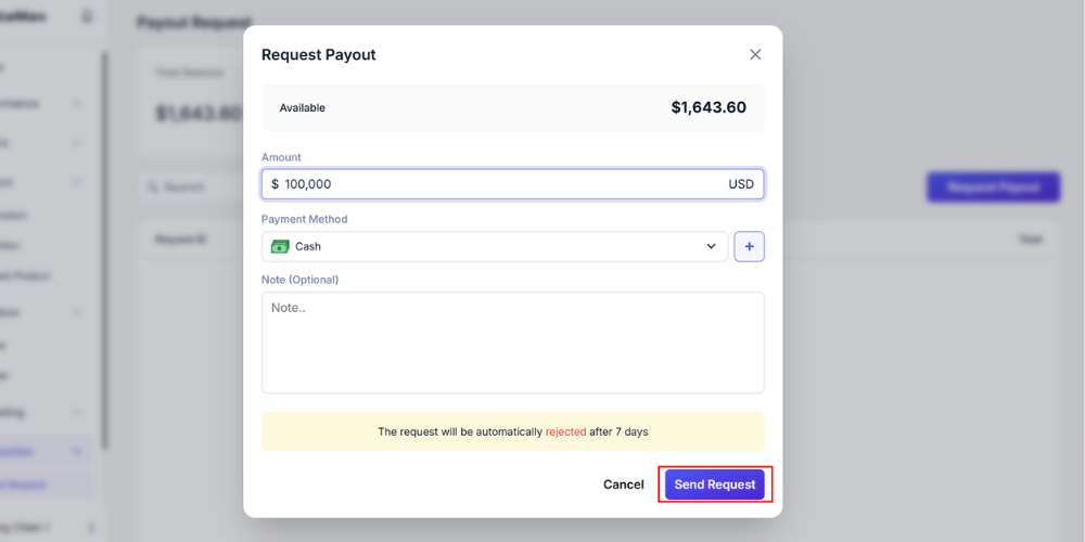 The payout amount must not exceed the Available Balance