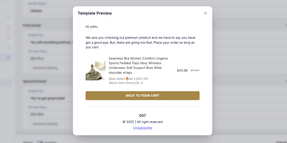 Tap View Template to preview your email setup