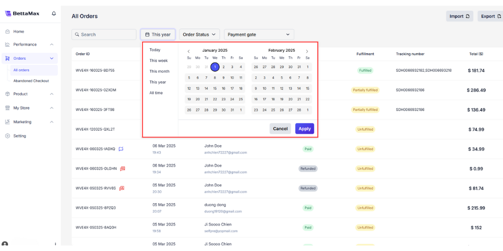 Click the calendar icon to filter orders by date range