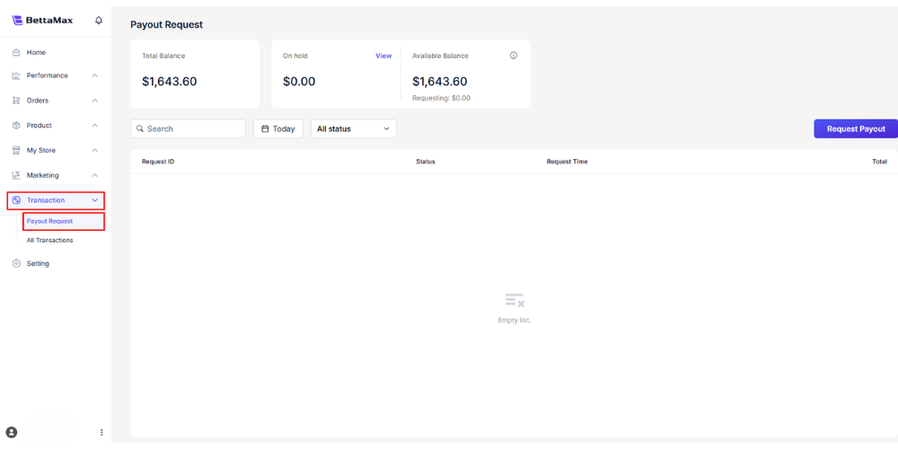 Người dùng chọn mục Payout Request để bắt đầu quá trình gửi yêu cầu