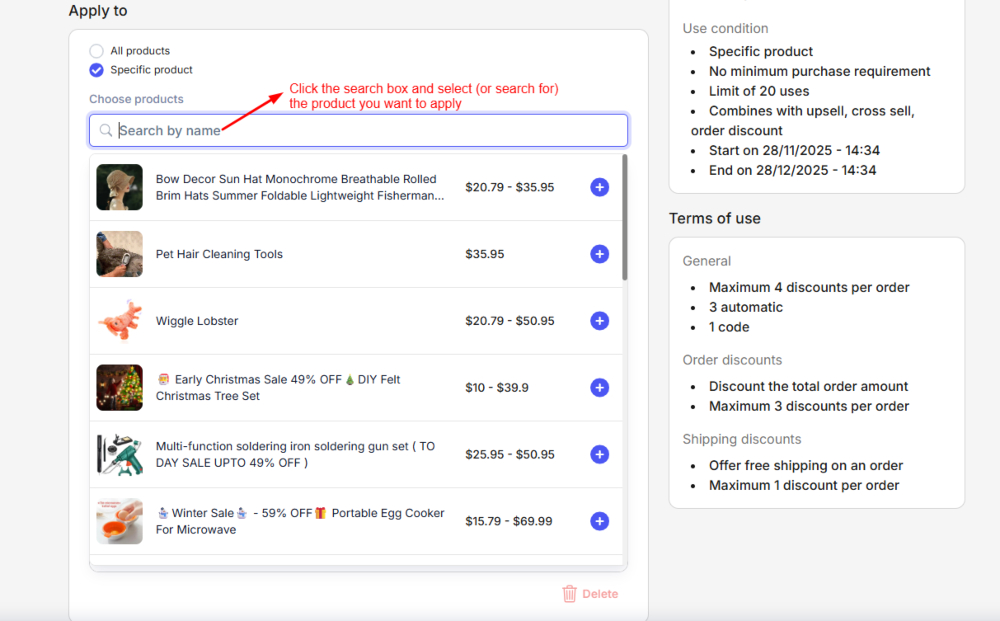 Click the search box and select (or search for) the product you want to apply