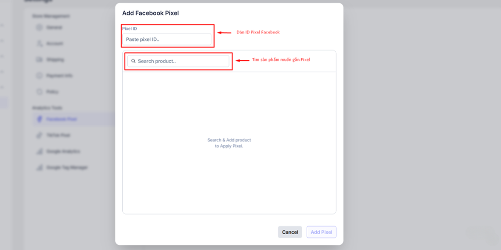 Seller dán ID Facebook Pixel và tìm tên sản phẩm cần gắn Pixel