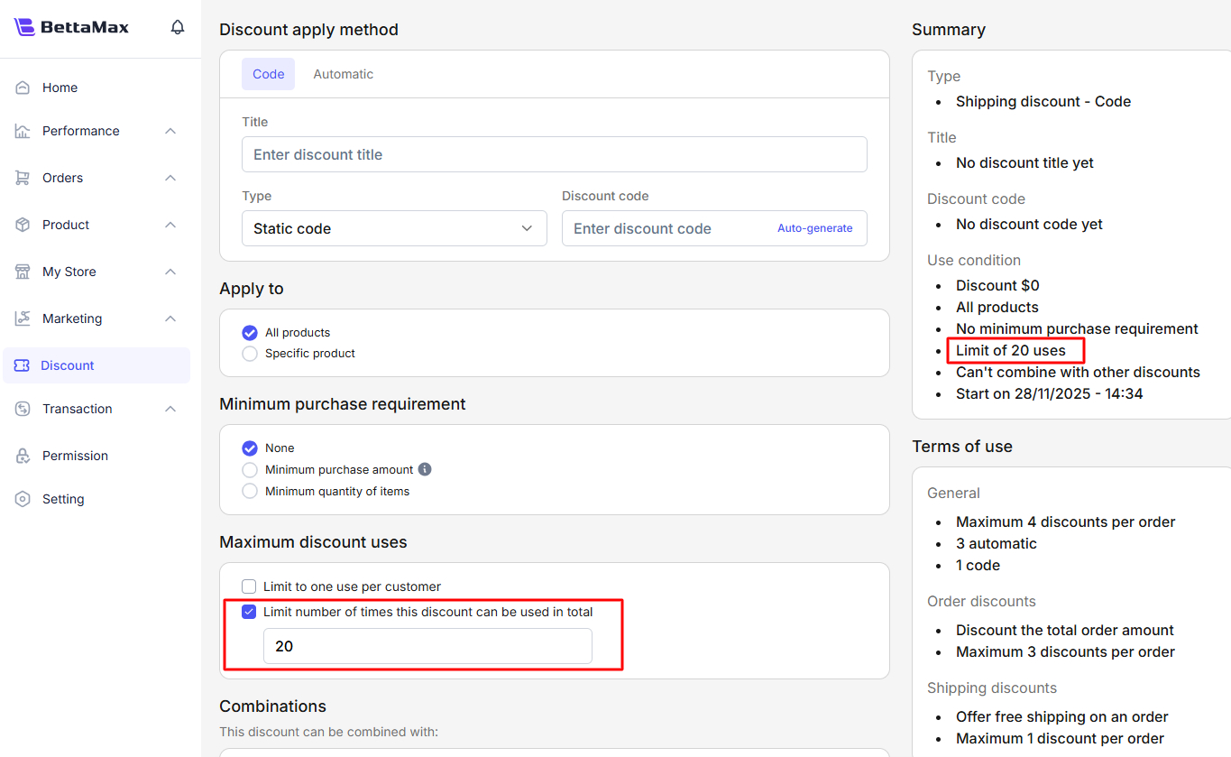 Limit number of times this discount can be used in total
