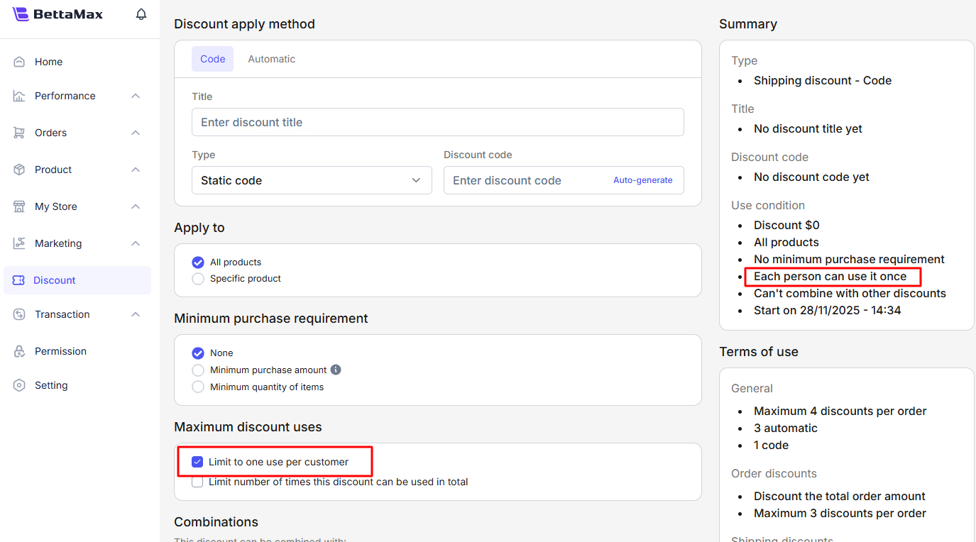 Limit to one use per customer