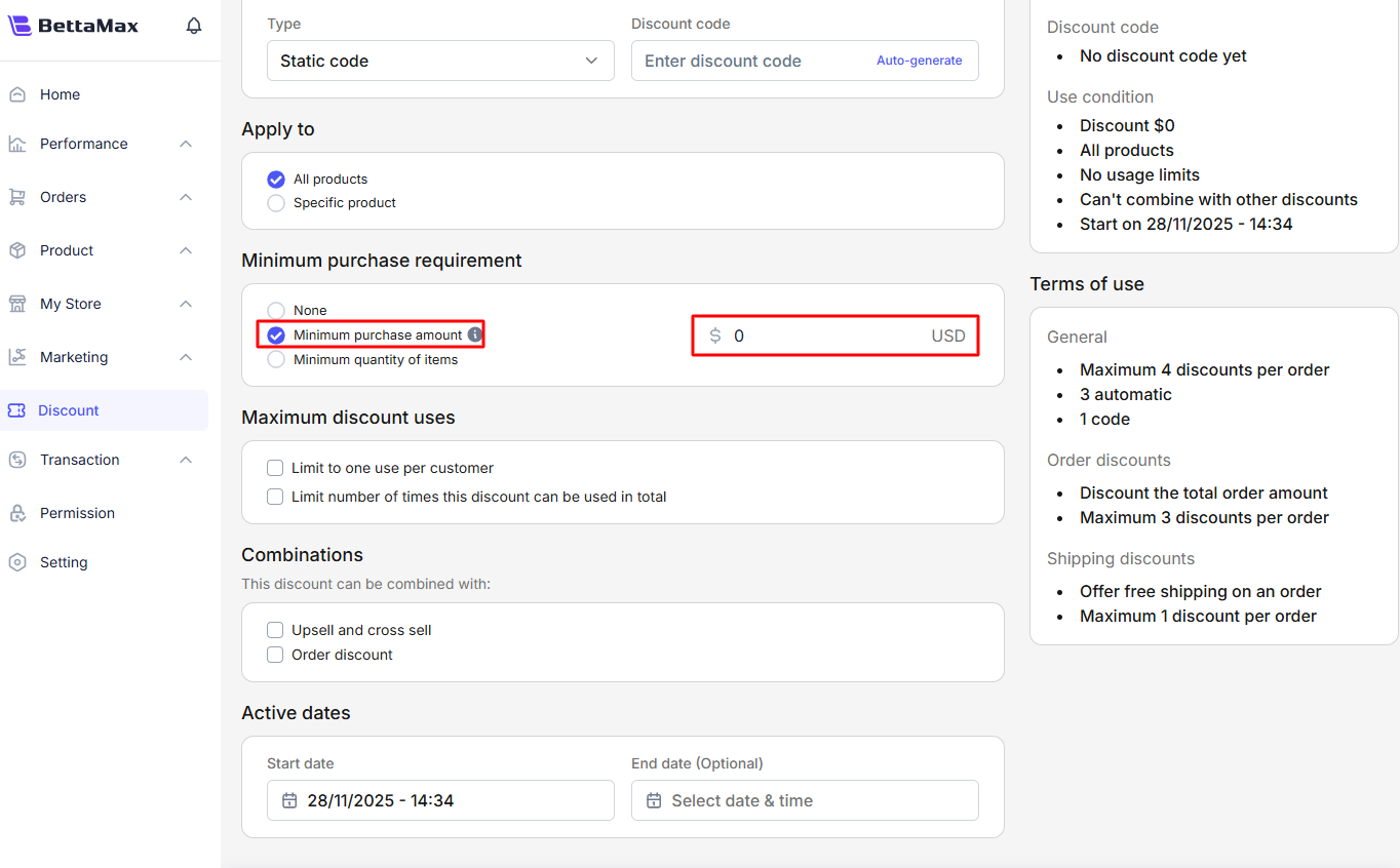 Minimum purchase amount