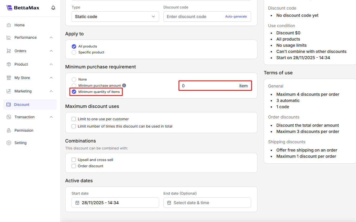 Minimum quantity of items