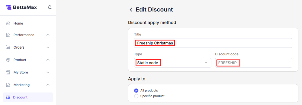 Set up the Discount Code details