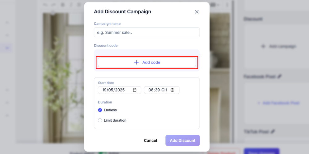 Người dùng nhấn chọn Add code để bắt đầu chiến dịch mới
