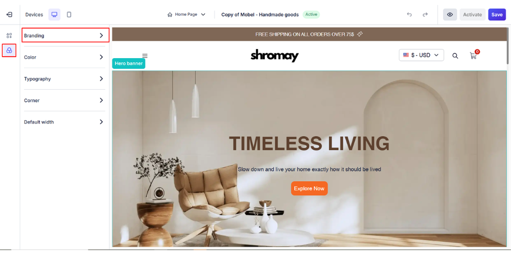 Người dùng nhấn chọn branding để bắt đầu thay logo và favicon