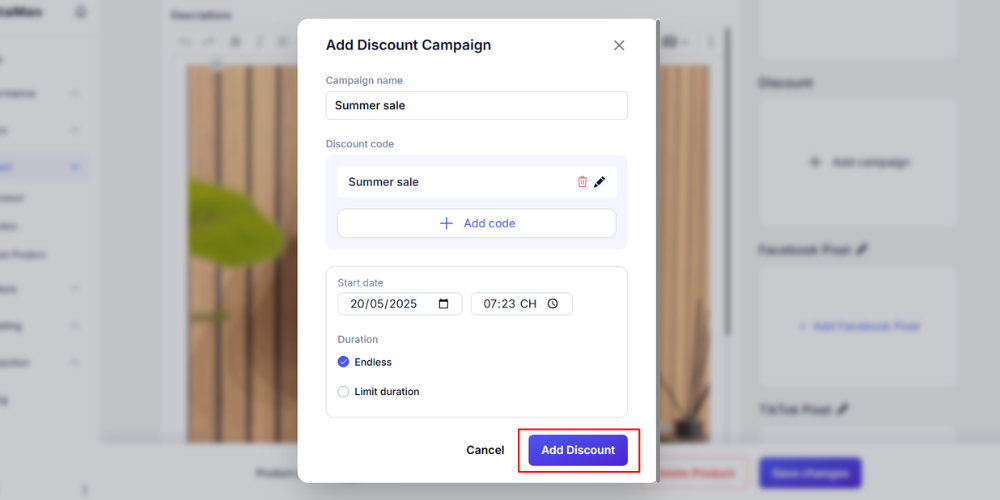 Click Add Discount to finalize your shipping fee settings on the platform