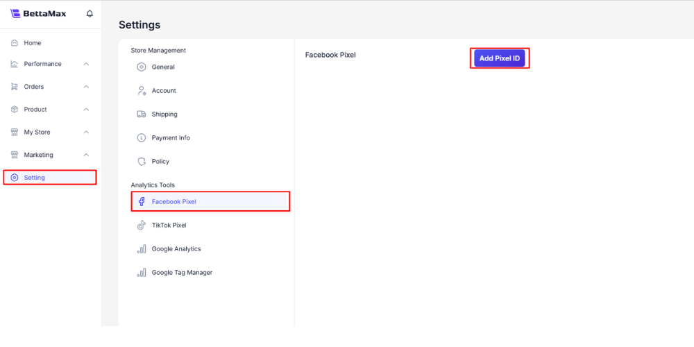 Người dùng chọn mục Setting và nhấn vào Facebook Pixel