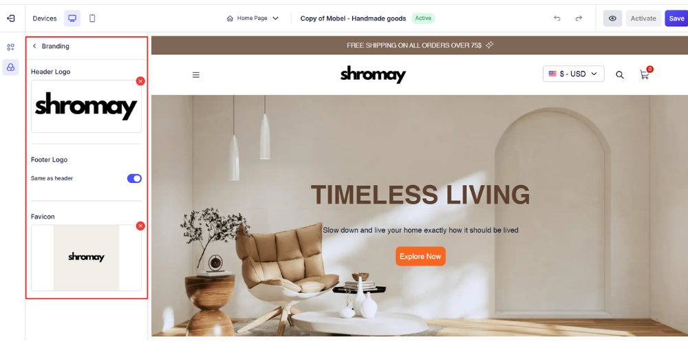 Người dùng tải logo và favicon lên store