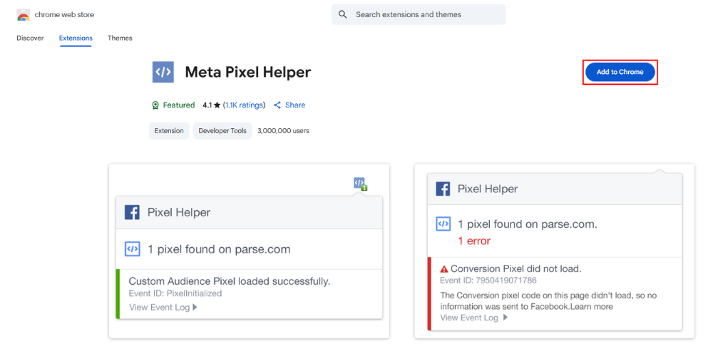 Người dùng cài đặt tiện ích Meta Pixel Helper