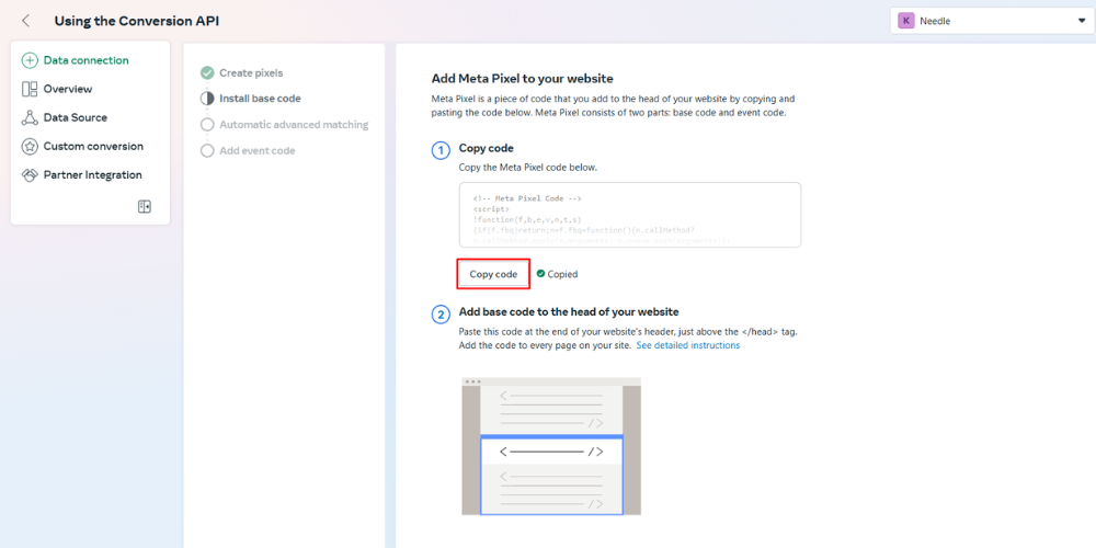 Người dùng copy mã Meta Pixel code