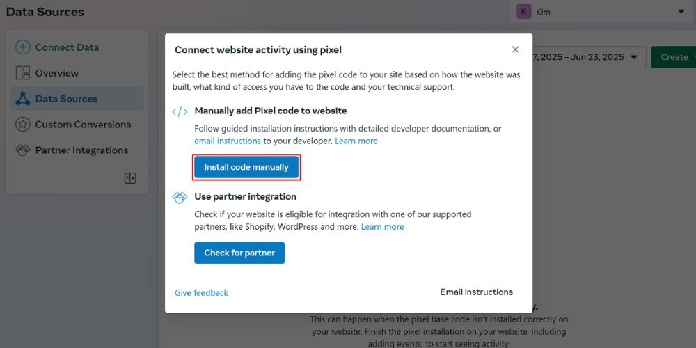 Click on Install code manually