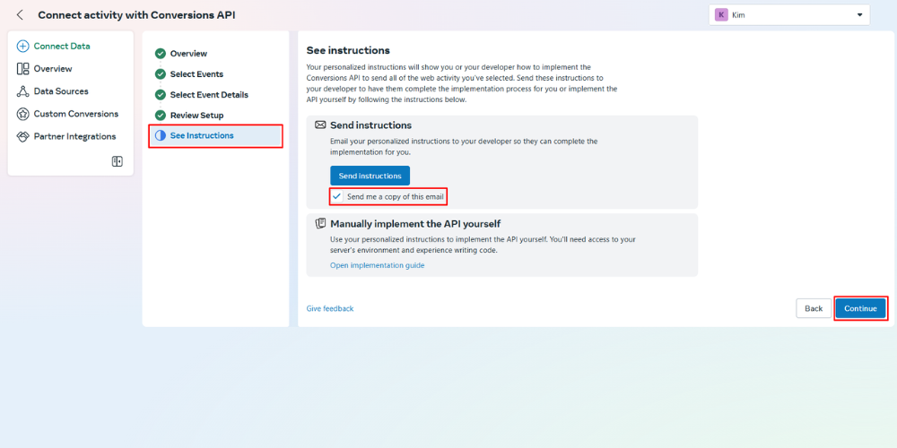 Click Continue to keep setting up your Facebook Conversion API