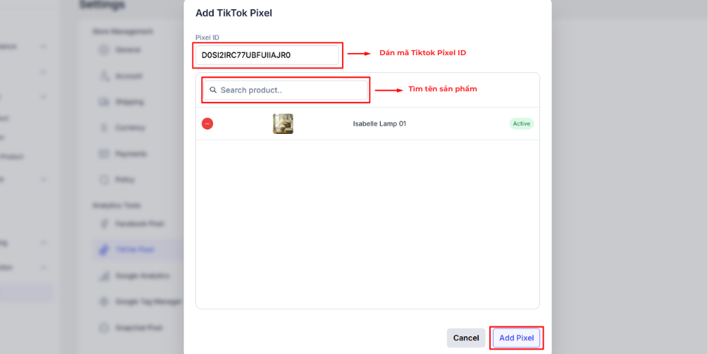 Tìm tên sản phẩm cần gắn Pixel TikTok