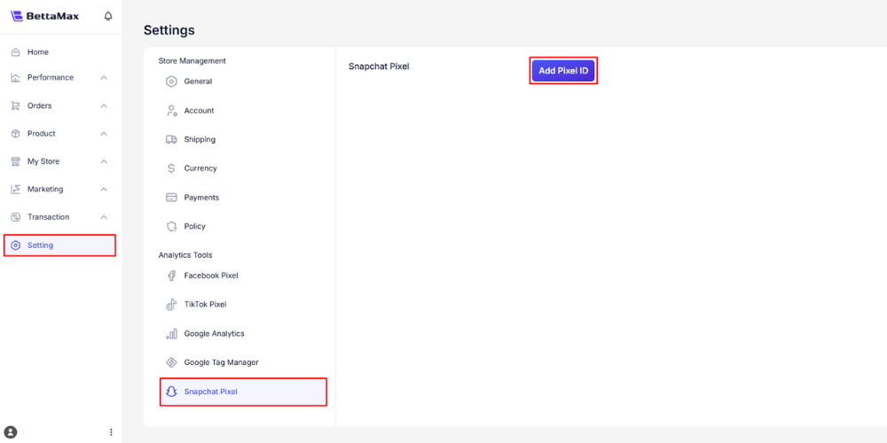 Follow the steps to add Snapchat Pixel to your store settings