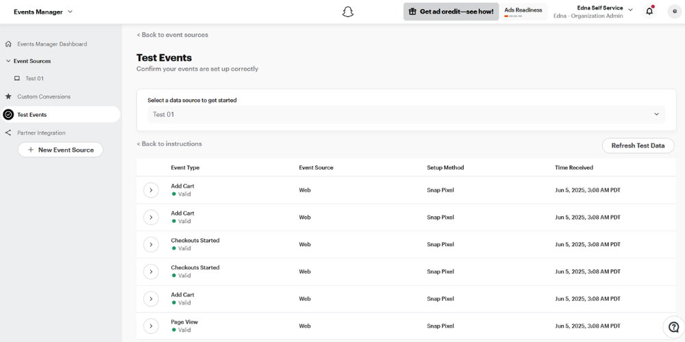 User actions will be recorded and displayed in the Test Events section