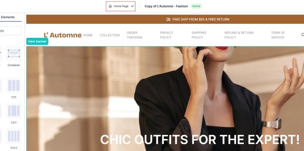 Locate the top navigation bar and select Home Page