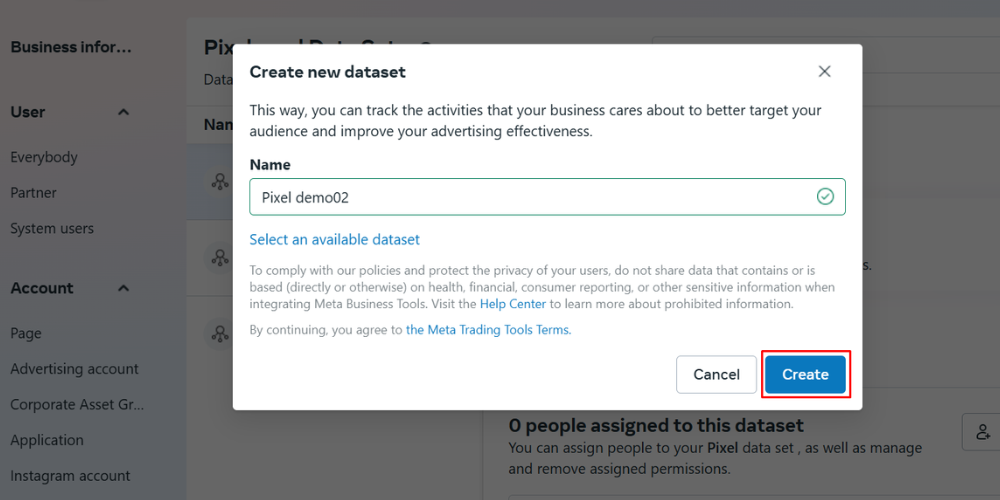 Click Create to complete the Facebook Pixel setup process
