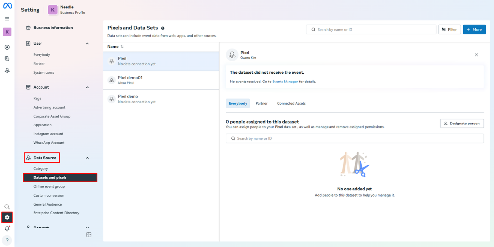 Seller clicks select data source to start creating Facebook Pixel