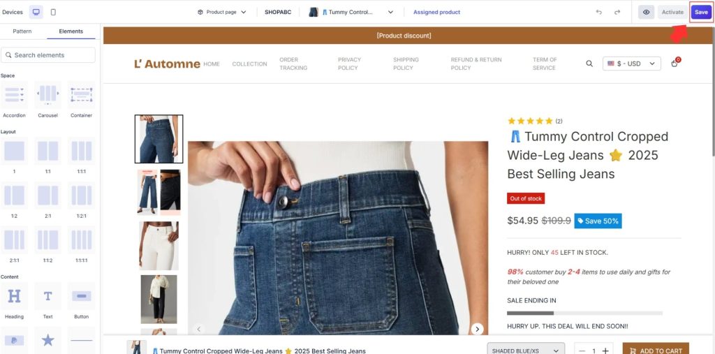 click Save (top right corner) to store your new template