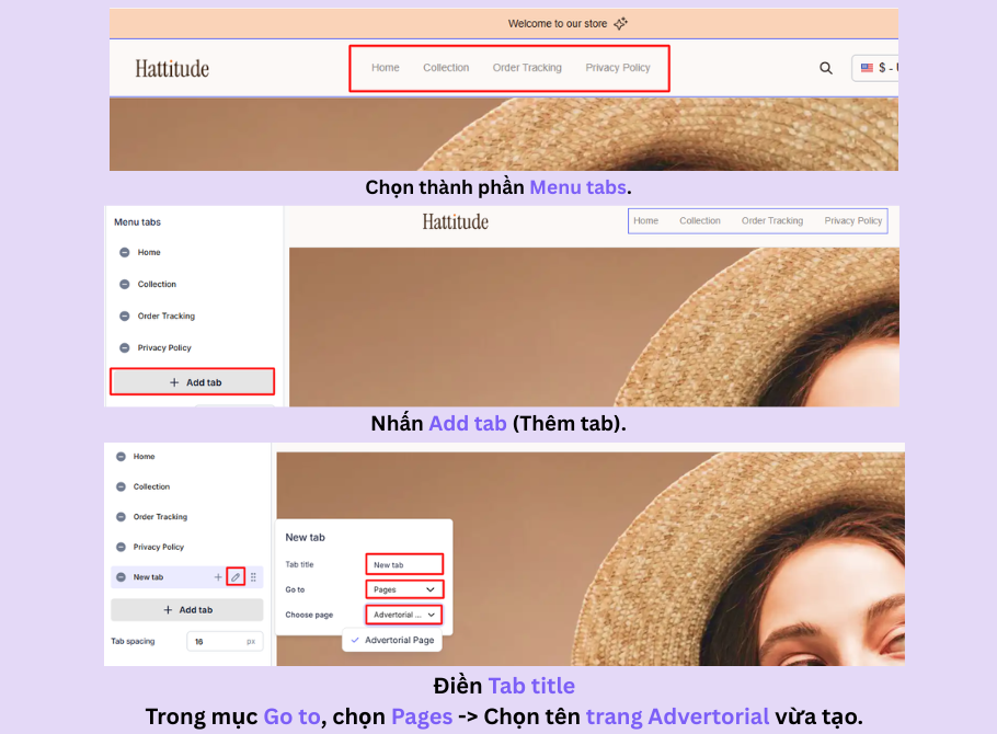 Các bước trang Advertorial xuất hiện trên thanh điều hướng