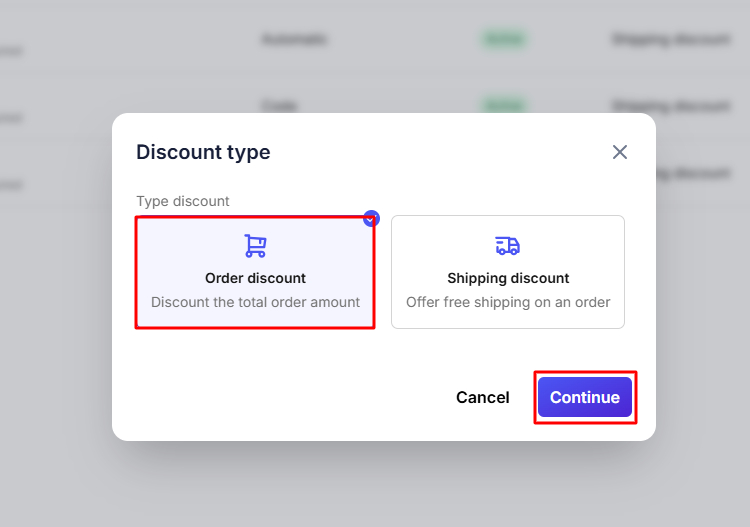 Chọn Order discount và nhấn Continue
